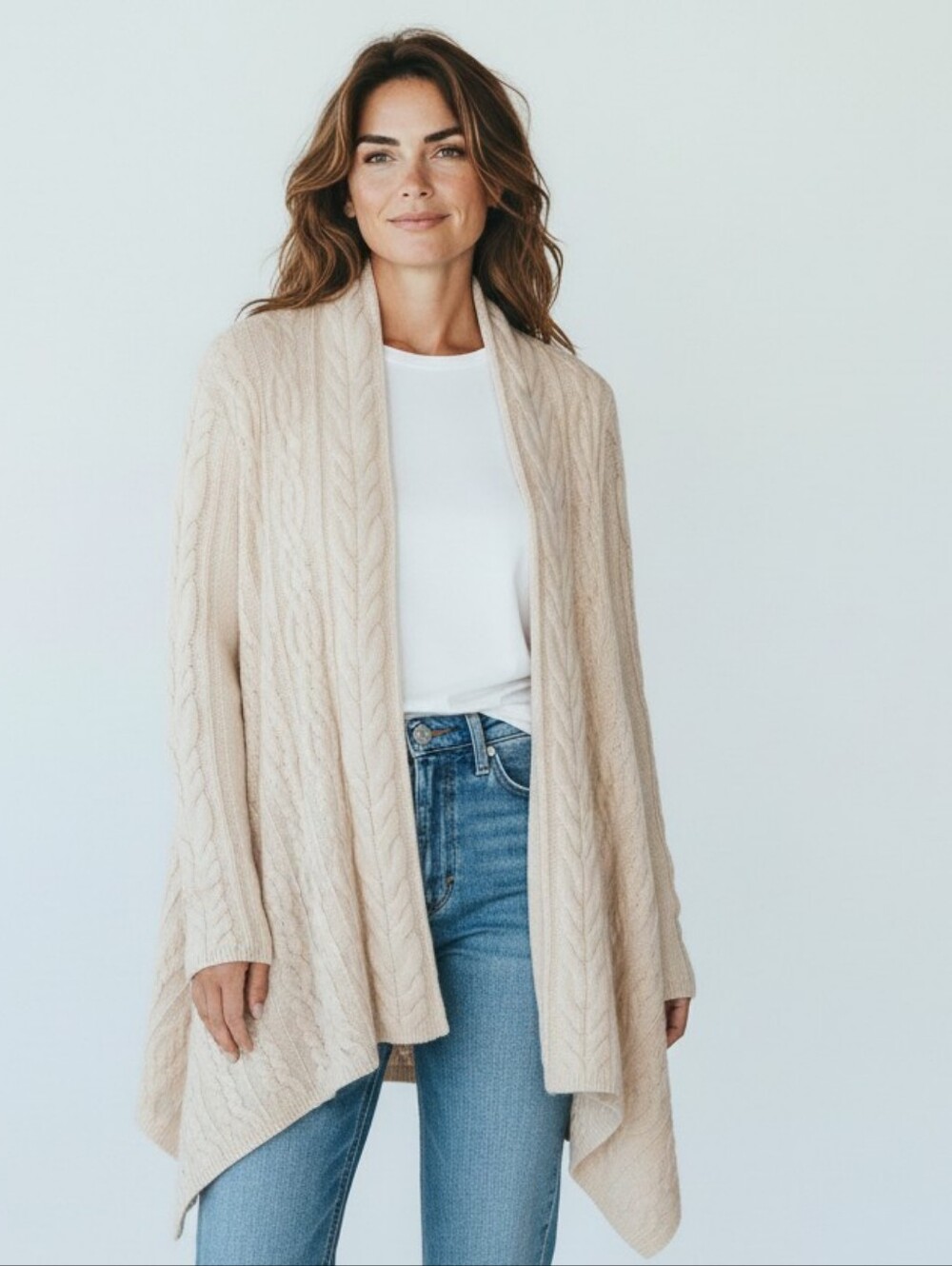 Saks Fifth Avenue Cashmere Cream Cable Knit Draped Open-Front Cardigan